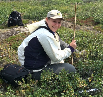 Hannah Holland-Moritz collecting environmental data and moss from the Chandalar Shelf area, Alaska, in 2019. Photo courtesy of Chathu Ranathunge.