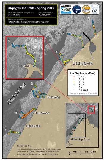 Figure 4. 2019 sea ice thickness along Utqiaġvik whaling trails. Each spring Utqiaġvik hunters build trails across the shorefast ice to access bowhead whale hunting areas. AAOKH now supports trail mapping and sea ice thickness measurements that were first initiated in 2008. Figure by Matthew Druckenmiller, courtesy of AAOKH.