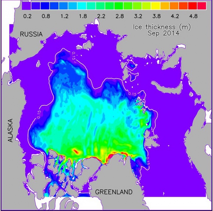 Figure 2. HIOMAS (High-resolution Ice-Ocean Modeling and Assimilation System) simulated September 2014 mean sea ice thickness (m). The white line represents satellite observed ice edge. Figure courtesy of Jinlun Zhang.