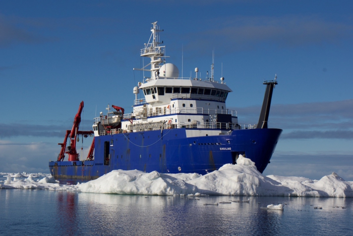 The research vessel Sikuliaq navigates through Arctic ice in summer 2016. The ship, which is owned by the National Science Foundation and operated by the University of Alaska Fairbanks, has joined the Arctic Research Icebreaker Consortium. Photo courtesy of Mark Teckenbrock.