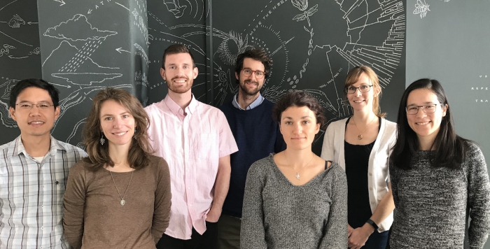 The first cohort of Data Science Fellows at NCEAS. Left to Right: Steven Chong, Stephanie Freund, Dominic Mullen, Mitchell Maier, Rachel Carlson, Emily O&#39;Dean, Irene Steves. Photo courtesy of Kathryn Meyer.