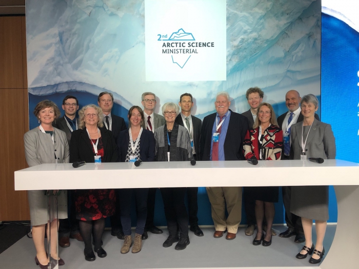 Figure 2. The U.S. delegation to the ASM-2 Arctic Science Forum and others. Front row, L-R: Sandy Starkweather, Jackie Grebmeier, Elizabeth Marino, Fran Ulmer, Simon Stephenson, Julie Brigham-Grette, Kelly Falkner. Back row, L-R: Andrey Petrov, Peter Pulsifer, Martin Jeffries, Ted Schuur, Hajo Eicken, Waleed Abdalati. Fran Ulmer was a member of the U.S. Government delegation to ASM-2, Kelly Falkner was a member of the ASM-2 Science Advisory Board, and Andrey Petrov represented the International Arctic Socia