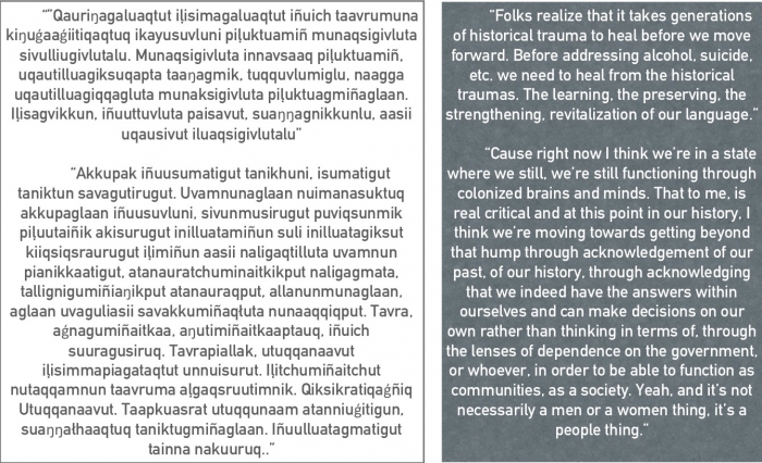 Excerpts from interviews from the Leadership and Strength project in Iñupiaq and English. Image courtesy of Laura Zanotti and Courtney Carothers.