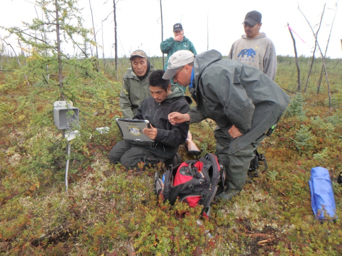 After installation of a soil temperature data logger unit, Edward Tiknor, Tribal Member (with laptop), gets hands-on training. Also included in photo: Alexander Kholodov (foreground), Adam Nikolai, Tribal Member (far left), Teresa Hanson, Environmental Director of Telida Village Council (back left), and Steven Nikolai, Jr., Tribal Member (back right). Photo courtesy of Santosh K. Panda, University of Alaska Fairbanks.