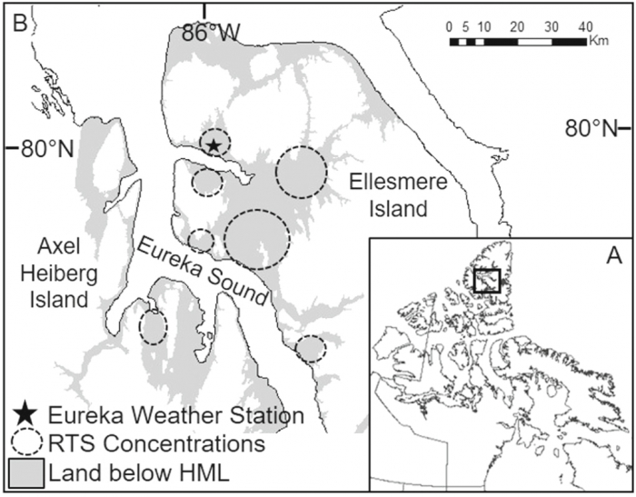 Figure 2. (A) Map of northern Canada with reference box showing the study area. (B) Study area showing the Eureka Weather Station and Eureka Sound Lowlands on Ellesmere and Axel Heiberg Islands, Nunavut. Land below Holocene Marine Limit (HML), shown in gray, is composed of fine grain marine sediments with ground-ice in the upper 20—30 meters. Areas high in retrogressive thaw slump (RTS) occurrence observed during flight surveys shown in dashed circles. Image courtesy of Melissa Ward Jones.