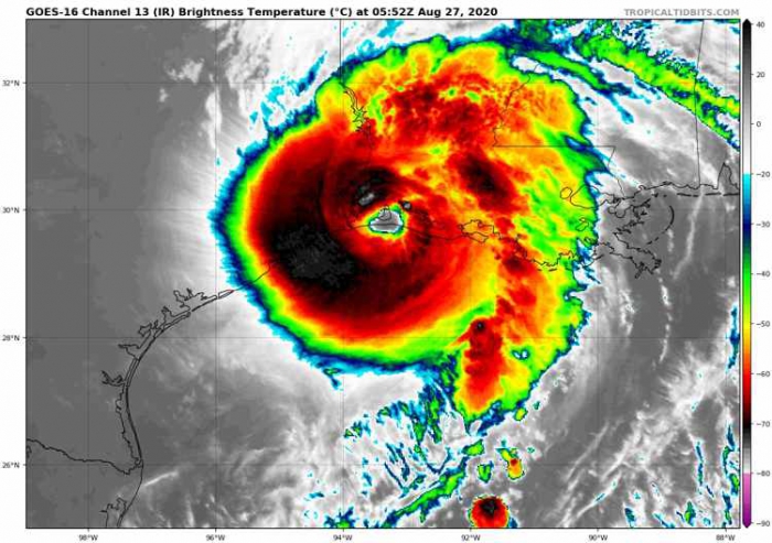 Figure 1. Infrared satellite image of Hurricane Laura making landfall east of Houston on 27 August 2020. Image courtesy of NOAA satellite data.