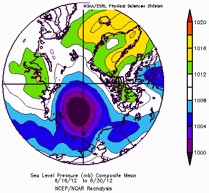 Figure 3b. Map of sea level pressures (SLP) for late June 2012