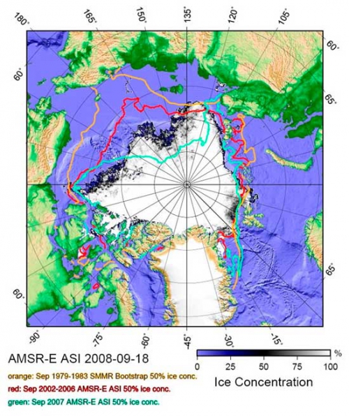 Figure 1. Sea ice extents for mid-September 2007 and 2008. Note: Hamburg uses a 50% sea ice concentration for the extent and NSIDC uses 15%. Credit: Spreen and Kaleschke. 