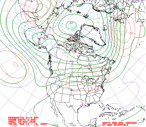 Figure 5. 8-14 day forecast of 500 mb geopotential heights valid 13-19 August 09