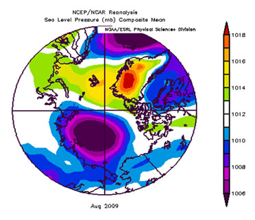 Figure 2. NCEP/NCAR Reanalysis Sea Level Pressure (mb) Composite Mean - August