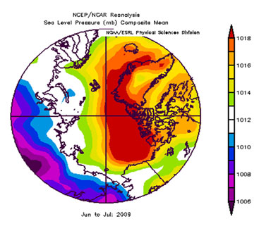 Figure 1. NCEP/NCAR Reanalysis Sea Level Pressure (mb) Composite Mean - June to July 2009