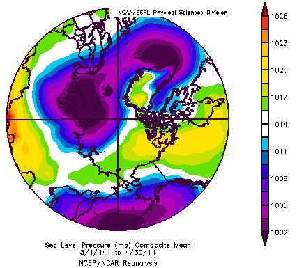 Figure 5a. Sea level pressure for March and April. From NCEP/NCAR Reanalysis.