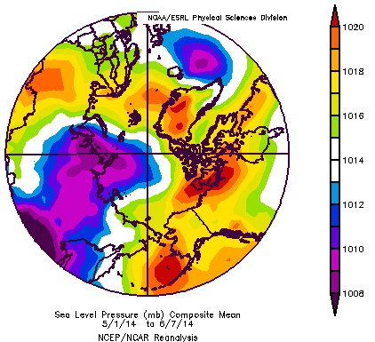 Figure 5b. Sea level pressure for May to early June. From NCEP/NCAR Reanalysis.