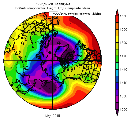 Figure 8. 850 mb geopotential height field for May 2015. Winds follow contours.