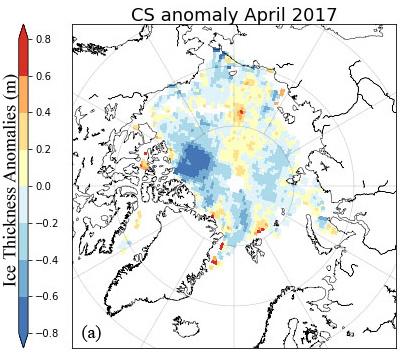 Figure 5. April ice thickness anomalies from CryoSat-2 relative to 2011-2017. Data produced by UCL CPOM, image courtesy of Julienne Stroeve and Michel Tsamados.