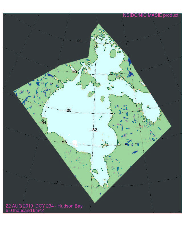 Figure 12. Hudson Bay sea ice extent on 21 August from the Multi-Sensor Analyzed Sea-Ice Extent (MASIE) product generated by the U.S. National Ice Center and distributed by the National Snow and Ice Data Center (NSIDC), MASIE maps extent of ice above 40% concentration. MASIE is produced by manual analysis of multiple satellite imagery; it is produced independently of the NIC ice charts, though much common imagery is used as a source for both products. 