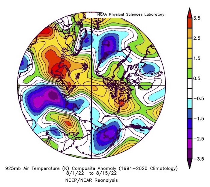 Figure 12. Air temperature anomaly at the 925 mb level for 1–15 August 2022. From NCEP/NCAR Reanalysis.