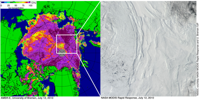 Ice concentration based on AMSR-E data for 12 July 2010