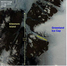 MODIS images of the Nares Strait and Petermann ice island