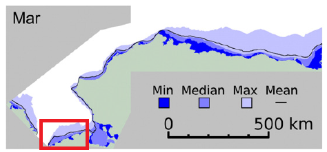 Figure 4: Normal shorefast ice extent for the month of March with the area between Wales and Shishmaref highlighted.