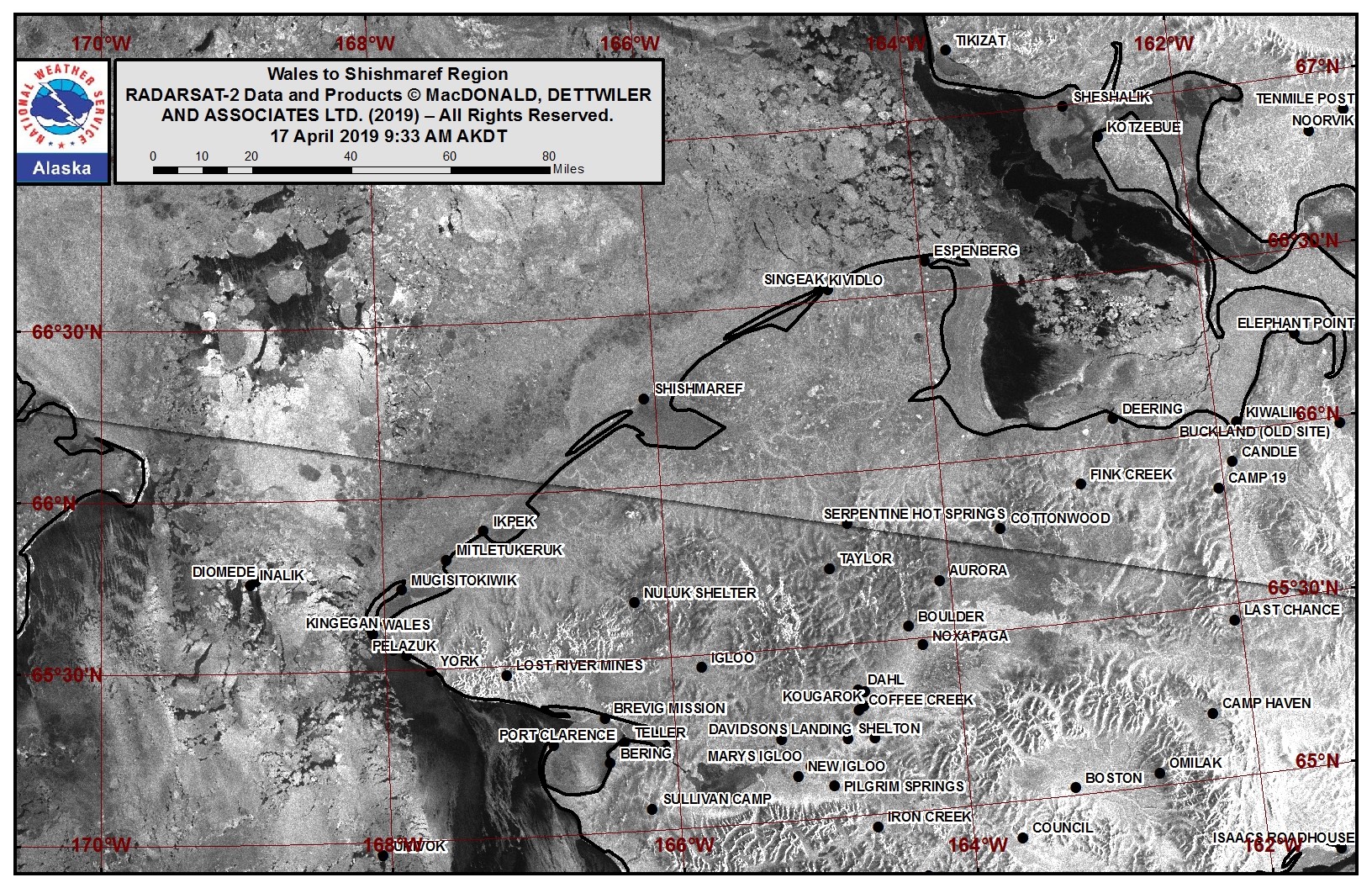 Wales to Shismaref area satellite image. Wales to Shismaref