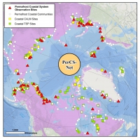 Figure 1. Circumpolar map of northern hemisphere permafrost region (purple area) and existing permafrost coastal system observation sites, permafrost coastal communities, and coastal CALM/TSP/GTN-P sites that will contribute to PerCS-Net. A range of other networks and research sites are also partnered to PerCS-NET but are not shown at this scale. Image courtesy of PerCS-Net.