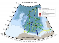 Figure 1. The Beaufort Gyre Observing System and Joint Ocean Ice Study cruise track (left) in the Beaufort Sea and Canada Basin north of Alaska and Nunavut. Figure courtesy of Michael DeGrandpre.