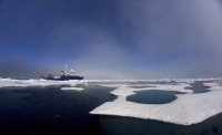 The Sikuliaq travels through icy water during a past science mission. Photo courtest of  Mark Teckenbrock.