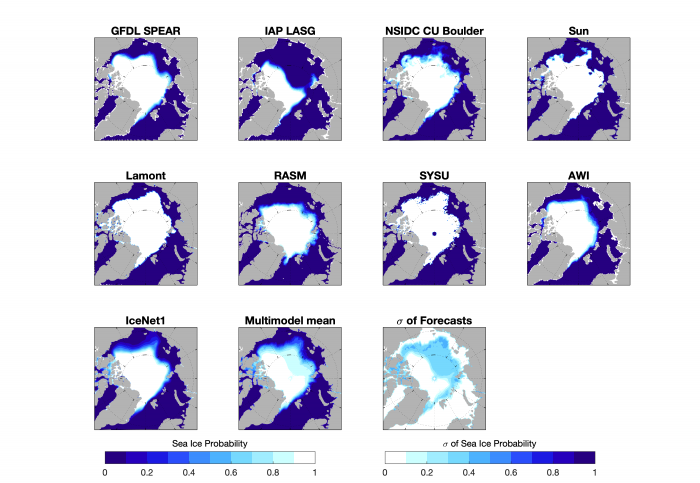 Figure 7. September Sea Ice Probability from nine model forecasts, the multi-model mean SIP forecast, and the standard deviation across the nine model forecasts.