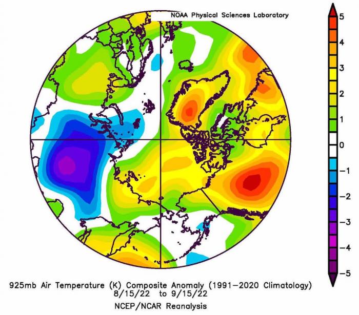 Figure 12. Air temperature anomaly for 15 August to 15 September 2022. From the NCEP/NCAR Reanalysis.