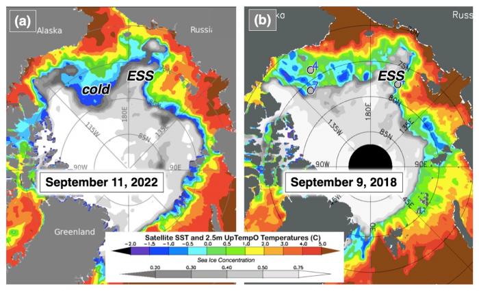 Figure 15. Sea-ice concentration (gray scale, from NSIDC NRT passive microwave) and sea surface temperature for (a) 11 September 2022 and (b) 9 September 2018 (SST; color scale, from NOAA OISSTv2.1). Figure taken from the UpTempO buoy website. ESS = East Siberian Sea.