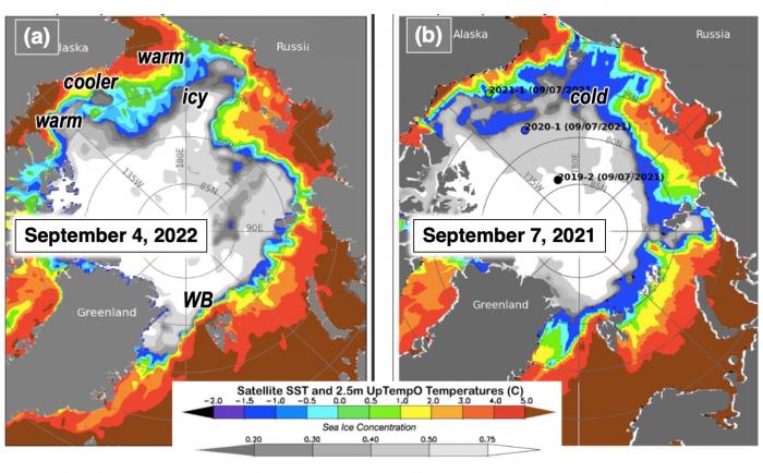 Figure 7. Sea-ice concentration (gray scale, from NSIDC NRT passive microwave) and sea surface temperature for (a) 4 September 2022 and (b) 7 September 2018 (SST; color scale, from NOAA OISSTv2.1). Figure taken from the UpTempO buoy website. WB = Whaler&#39;s Bay. Dots mark the location of UpTempO buoys.