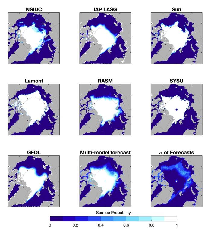 Figure 6. September sea ice probability forecasts from 7 models, the multi-model forecast (bottom middle), and the uncertainty across the forecasts, quantified as the standard deviation (bottom right).
