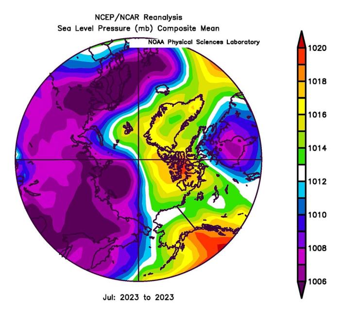 Figure 13. Sea level pressure for July 2023. NOAA Physical Sciences Laboratory, Boulder, Colorado (Kalnay et al., 1996).