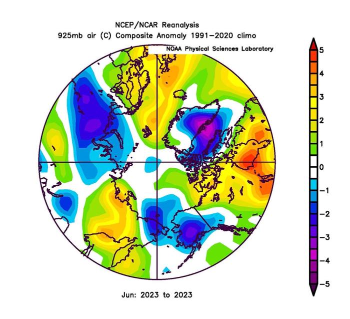 Figure 12. June 2023 air temperature anomaly at the 925 mb level.