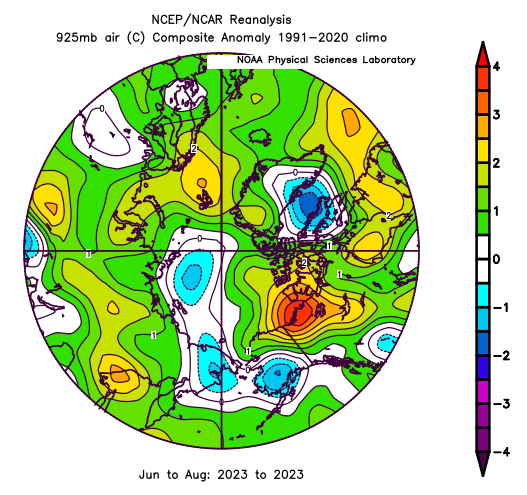 Figure 5. Average Arctic air temperature anomaly for June to August 2022. Image provided by the NOAA/ESRL Physical Sciences Laboratory, Boulder Colorado. (Kalnay et al., 1996). 