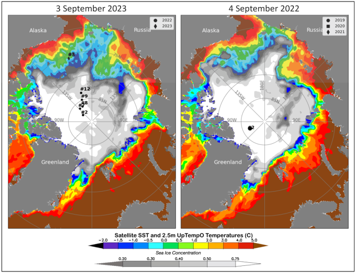Figure 7. Sea-ice concentration (gray scale, from NSIDC NRT passive microwave) and sea surface temperature for (left) 3 September 2023 and (right) 4 September 2022 (SST; color scale, from NOAA OISSTv2.1). Figure taken from the UpTempO buoy website. 