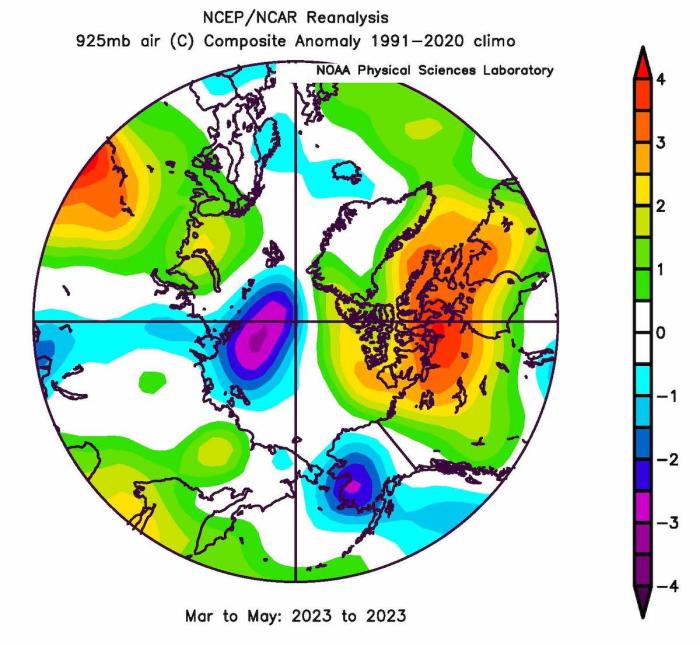 Figure 12. Air temperature anomaly at the 925 mb level for March to May 2023.