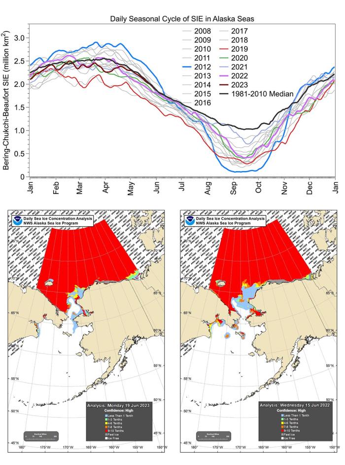 Figure 14. Daily seasonal cycle of Bering-Chukchi-Beaufort Sea Ice Extent from 2008 to present and showing the 1981-2010 median climatology (top). June sea ice concentration on 19 June 2023 (bottom left) and 15 June 2022 (bottom right).