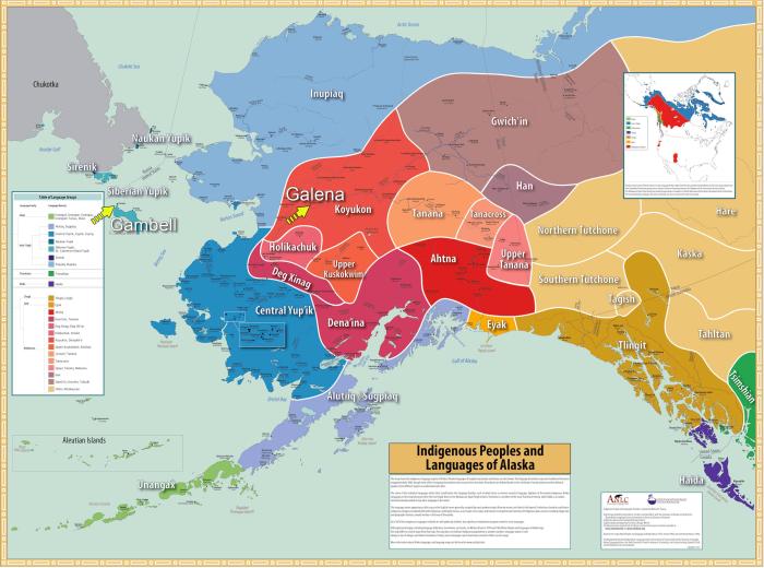 Image 1. The communities of Gambell in the Bering Strait region and Galena, Alaska, in the middle-Yukon River region are located in the Siberian Yupik and Koyukon Athabascan Dene lands, respectively. This map is adopted from Krause et al. (2011). Permission to use this map for non-commercial, educational purposes is granted under a Creative Commons Attribution-Noncommercial-No Derivative Works 3.0 United States License.