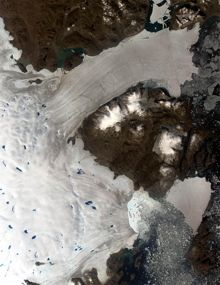 Figure 1. The Northeast Greenland Ice Stream with its two main outlets, the Zachariae Glacier, bottom right, and the Nioghalvfjerdfjorden Glacier top right, which flow into the North Atlantic Ocean (Landsat scene from August 2021). Photo courtesy of Christopher Shuman, University of Maryland.