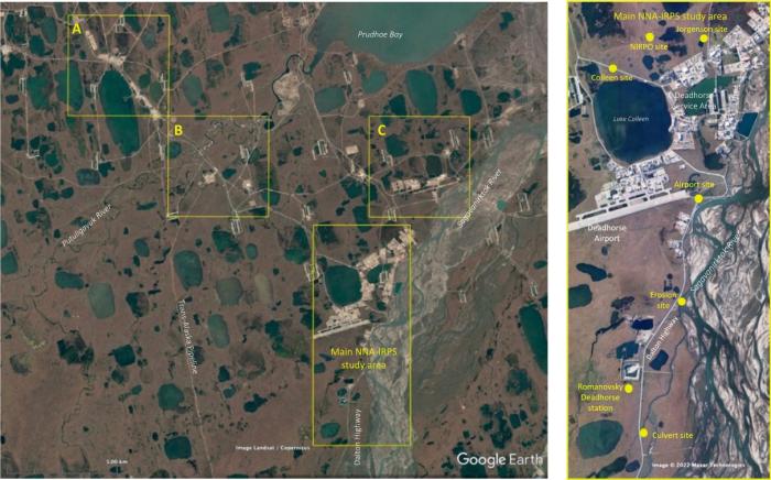 Figure 2. Left: The eastern portion of the Prudhoe Bay oilfield showing study areas of the NNA-IRPS project. A, B, and C are areas with geo-ecological and historical change maps (1949–2010; Raynolds et al. 2014).Right: Detail of the main NNA-IRPS study area. Most field research during Summer 2020–Winter 2022 was conducted at the Colleen, NIRPO, Jorgenson, and Airport sites. Climate and permafrost borehole temperature data were from the Deadhorse Airport and Romanovsky Deadhorse stations. Ice-wedge degradati