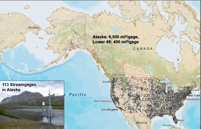 Figure 2. Illustration of United States Geological Survey (USGS) stream gage coverage comparing the Arctic and Alaska to the lower 48. Alaska has a density that is only six percent of the density found in the lower 48 states. Stream gages collect real-time water flow data in rivers and streams, which inform critical early flood warnings. The report does not suggest that the stream gage network be replicated in Alaska; instead, it uses the map to demonstrate the observational capacity and infrastructural cha
