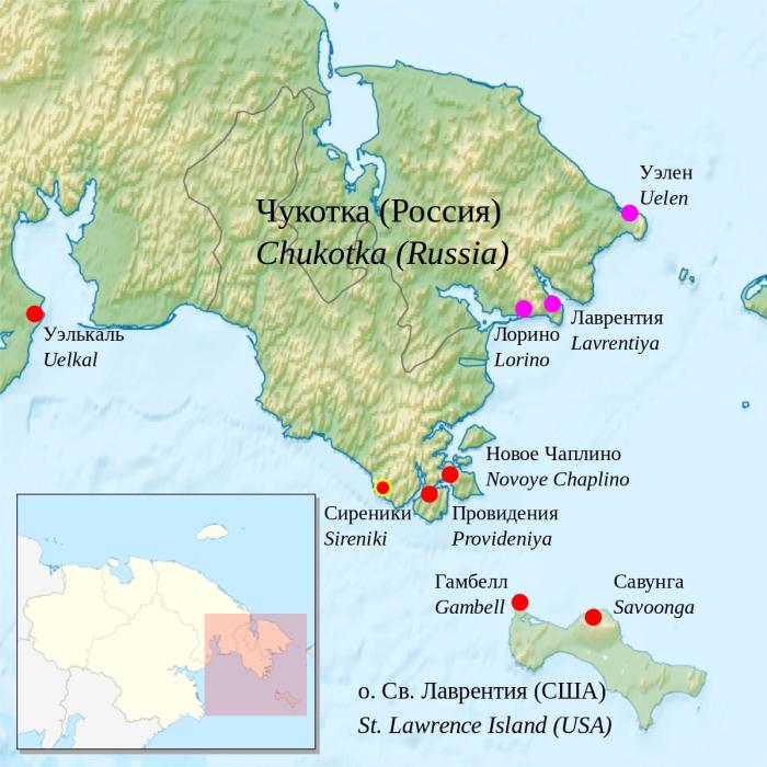 Figure 1. Map of Asian/Siberian Yupik settlements (red dots) along the Bering Strait. Image from Central Siberian Yupik Language posting on Wikipedia.