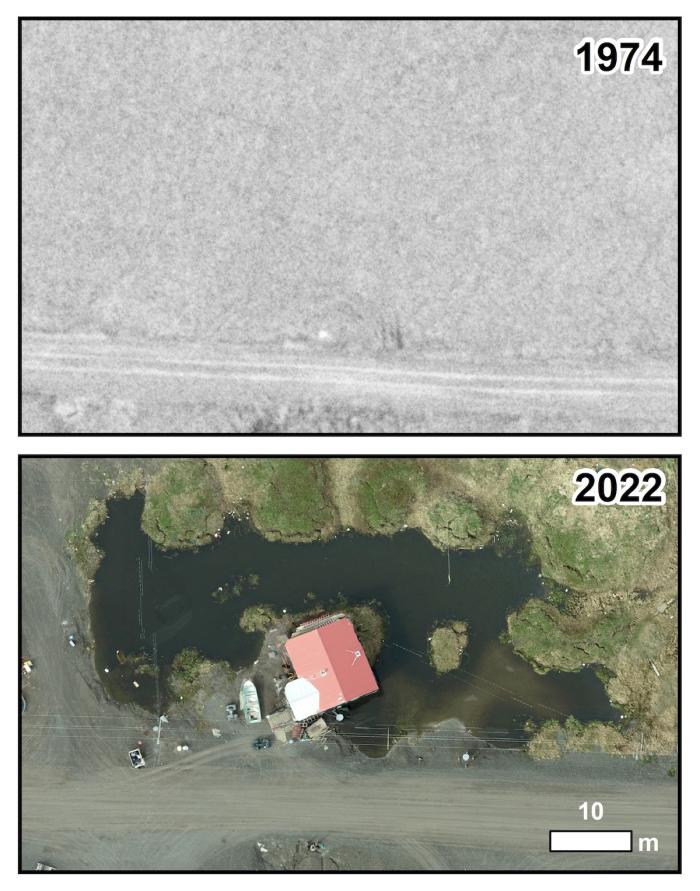 Figure 3. The combined effects of climate change and infrastructure development on permafrost degradation around homes in Point Lay. Top: An aerial photo from 1974 prior to construction of homes at the current village site. Bottom: The same area imaged in the 5-cm resolution orthomosiac developed for the community using a high-resolution camera mounted on a drone. The house in the photo now sits on a peninsula surrounded by a pond complex that has formed because of ice-rich permafrost degradation. (Photo c