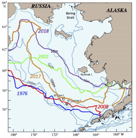 Figure 1. Spring ice extent in the Bering Sea varies greatly from year to year. 2018 and 2001 had the least ice, 1976 and 2008 the most. Figure courtesy of Phyllis Stabeno, NOAA, Pacific Marine Environmental Laboratory.