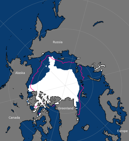 Minimum Arctic sea ice extent in summer 2018. The white area shows the minimum sea ice extent in September 2018. The pink line shows the average September extent from 1981-2010. (Credit: National Snow and Ice Data Center)