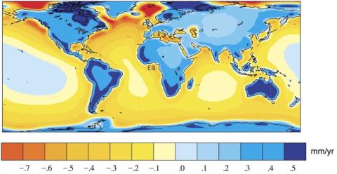 Figure 1. Prediction of present day vertical land motion due to the ongoing response of the Earth to past melting of the large ice sheets that were present during the last glacial maximum (Milne and Mitrovica, 2002). In the absence of other forms of land motion, areas in blue are experiencing uplift, while regions in yellow and red are subsiding. Figure 1. Prediction of present day vertical land motion due to the ongoing response of the Earth to past melting of the large ice sheets that were present during the last glacial maximum (Milne and Mitrovica, 2002). In the absence of other forms of land motion, areas in blue are experiencing uplift, while regions in yellow and red are subsiding.