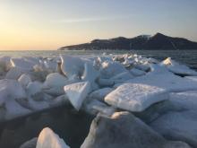 Remnants of sea ice off Cape Mountain in Bering Strait, 27 May 2016 (Photo: Amos Oxeorok). Remnants of sea ice off Cape Mountain in Bering Strait, 27 May 2016 (Photo: Amos Oxeorok).