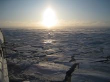 Sun bounces off of the sea ice on a clear sunny day in the Arctic. Aboard the USCGC Polar Sea icebreaker in the Beaufort Sea. Sun bounces off of the sea ice on a clear sunny day in the Arctic. Aboard the USCGC Polar Sea icebreaker in the Beaufort Sea.